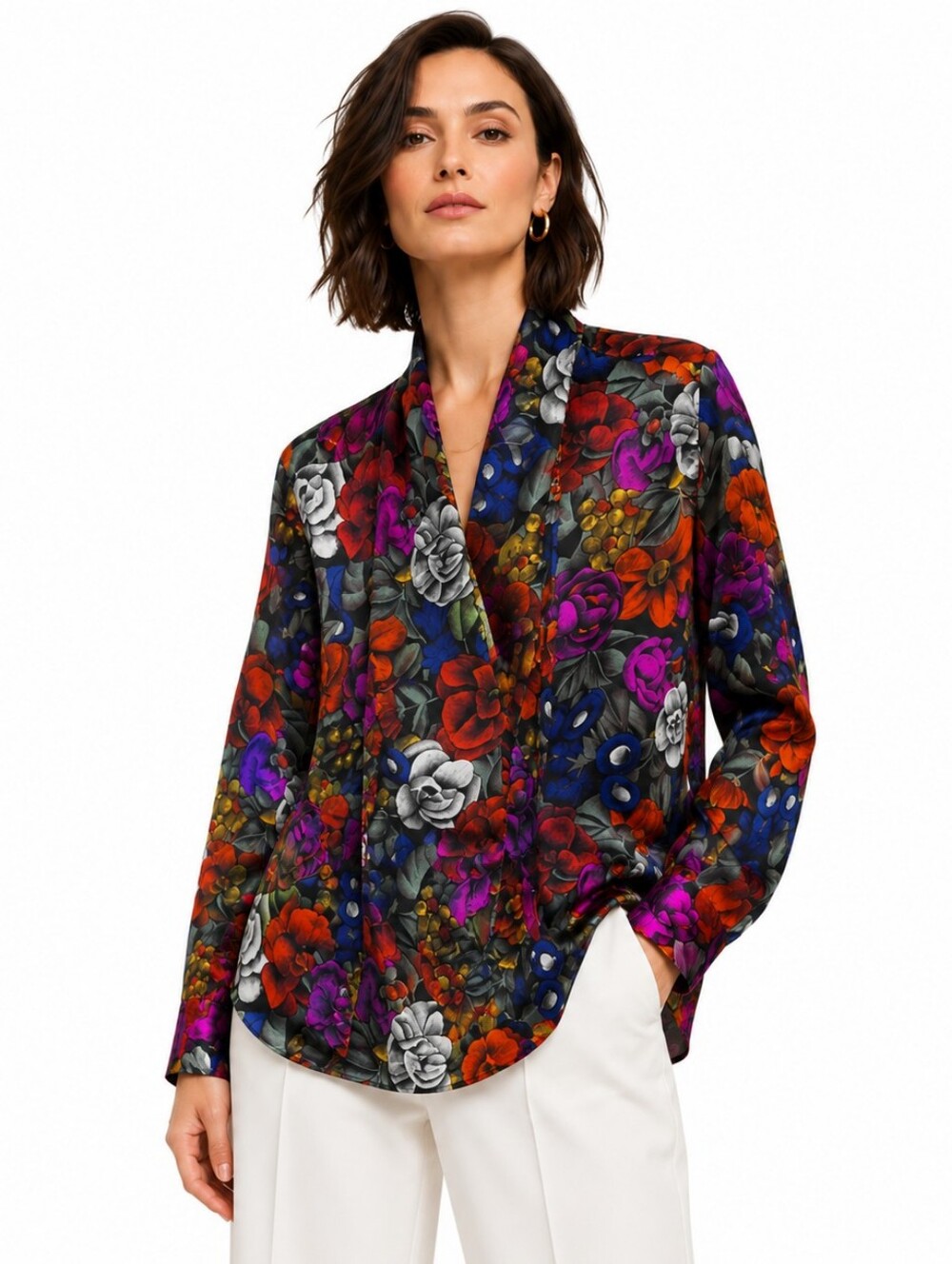 Martinique Floral Shawl Collar Blouse Pullover Faux Button Font Gem Colors 8